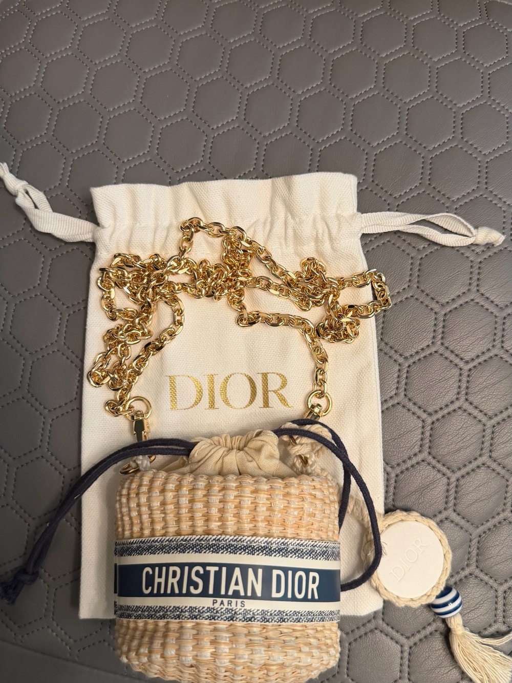 Dior Mini Raffia Bucket Bag in Natural and Navy with Gold Chain